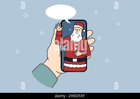 Person hold cellphone talk on video call with Santa Claus on home lockdown or quarantine. Speaking with Christmas father on virtual webcam event on smartphone. New Year. Vector illustration.  Stock Vector