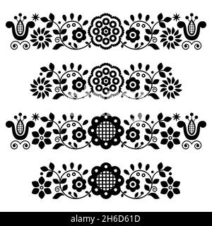 Polish traditional floral folk art vector long vertical design elements inspired by old embroidery - Lachy Sadeckie in black and white Stock Vector