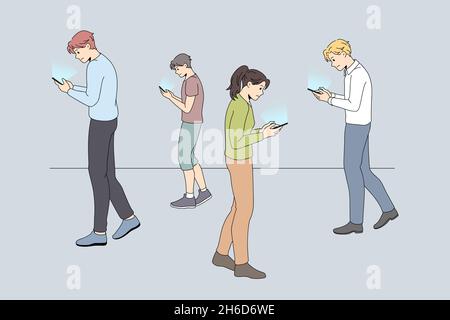 Diverse people with cellphones look at screen addicted to social media. Men and women use smartphones browse internet suffer from gadget addiction. Technology era concept. Vector illustration.  Stock Vector