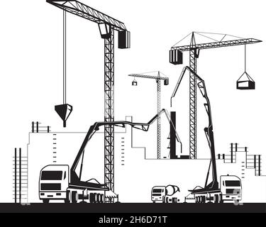 Cranes and concrete pump trucks on construction site – vector illustration Stock Vector