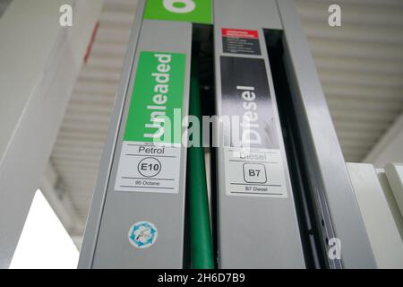 File photo dated 01/09/21 of an E10 petrol pump by a Diesel pump at a Asda Petrol Station in Antree, Liverpool. The average price of diesel at UK forecourts has exceeded 150p per litre for the first time, the AA said. Issue date: Tuesday November 16, 2021. Stock Photo