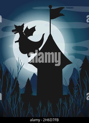 Silhouette dragon with full moon background illustration Stock Vector ...