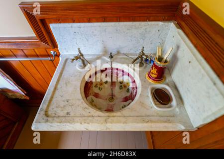 Vintage 19th century marble washbasin and taps in the 1890 Farm House museum, Billings Farm & Museum, Woodstock, Vermont, New England, USA Stock Photo