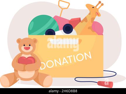Toys donation box 2D vector isolated illustration Stock Vector