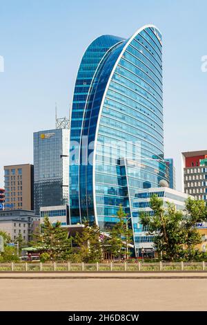 ULAANBAATAR, MONGOLIA - JULY 12, 2016: The Blue Sky Tower is located in Ulaanbaatar, Mongolia. The skyscraper is used as office space, conferences, a Stock Photo