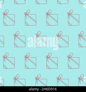 Gift with ribbon, stroke on blue background, hand drawing seamless pattern vector illustration Stock Vector