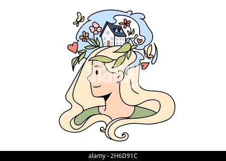 Smiling woman imagine visualize dreams or plans in head. Happy motivated dreamy girl engaged in process or creative thinking. Visualization, inspiration concept. Flat vector illustration.  Stock Vector
