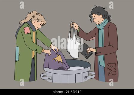 Homeless people look for clothes in trash can on streets. Poor needy beggars find clothing in waste outdoor. Homelessness and poverty. Refugee problem concept. Flat vector illustration.  Stock Vector