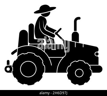 Stick figure, farmer in straw hat drives farm tractor. Transport and equipment for transporting agricultural products on field. Simple black and white Stock Vector