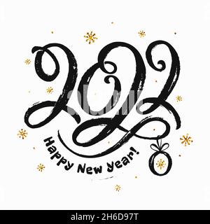2022 lettering. Happy New Year greeting card. Black hand drawn paintbrush figures isolated on white background with glittering snowflakes. Stock Vector