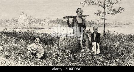 Peasants carrying vegetables, Vietnam. Asia. Old 19th century engraved illustration A campaign in Tonkin by Charles Edouard Hocquard from Le Tour du Monde 1889 Stock Photo