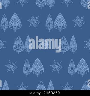 Cute christmas seamless pattern, christmas tree snowflake on blue for textile, wallpaper and wrapping paper Stock Vector