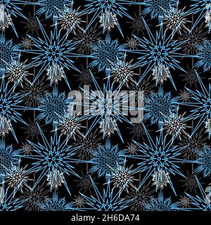 Snowy christmas seamless pattern, white blue snowflake on black background Stock Vector