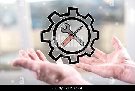 Settings concept above the hands of a man Stock Photo
