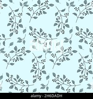 Seamless pattern hand drawn gray twig with leaves and berries, wallpaper wrapping textile design vector illustration Stock Vector