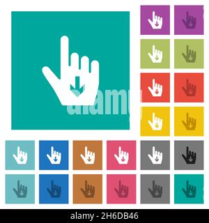 Hand cursor down solid multi colored flat icons on plain square backgrounds. Included white and darker icon variations for hover or active effects. Stock Vector