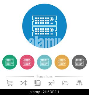 Rack servers outline flat white icons on round color backgrounds. 6 bonus icons included. Stock Vector