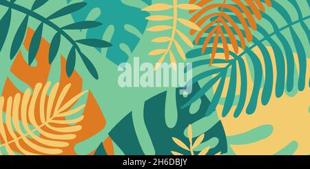 Tropical background, yellow green monstera palm leaf, copy space vector. Composition of tropical leaves Stock Vector