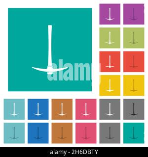 Single pickaxe multi colored flat icons on plain square backgrounds. Included white and darker icon variations for hover or active effects. Stock Vector
