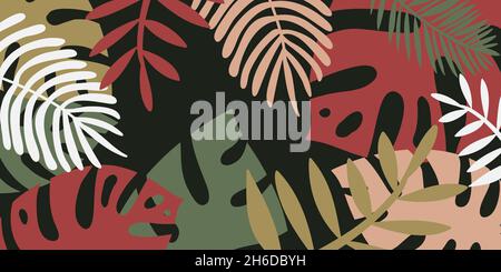 Tropical dark background, monstera palm leaves, copy space vector. Composition of tropical leaves Stock Vector