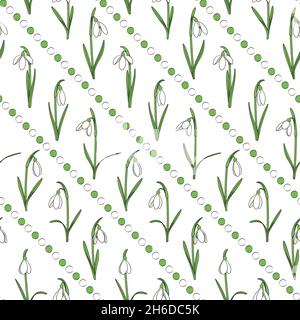 Colored seamless pattern with snowdrops, white and green beads. Vector background. Stock Vector