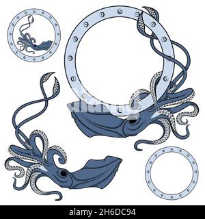 Set of color illustrations in blue with squid. Isolated vector objects on white background. Stock Vector