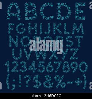Alphabet, letters, numbers and signs of blue constellations, stars and dots. Set of isolated vector objects on white background. Stock Vector