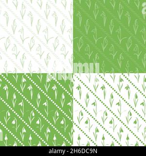 Set of seamless patterns with snowdrops. Vector background. Stock Vector