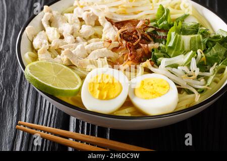 Soto Ayam is a chicken noodle soup popular in Malaysia and Indonesia close up in the plate on the table. Horizontal Stock Photo