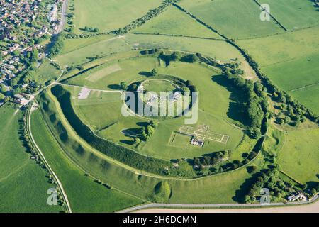 Old Sarum, a multi period site comprising Iron Age hillfort, Romano British occupation, a Saxon burh, a Norman motte and bailey castle and a cathedral, near Salisbury, Wiltshire, 2017. Stock Photo