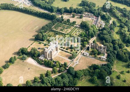 Hardwick Hall, formal garden and the ruins of Hardwick Old Hall, near Mansfield, Derbyshire, 2018 . Stock Photo