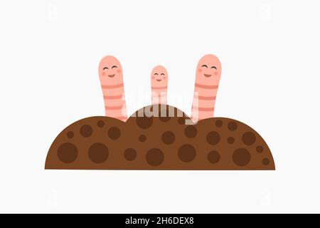 Cute earthworms happy family in garden soil. Vector illustration. Stock Vector