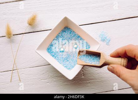 Blue White Granulated Wax Crystals Create Candles Pouring Bowl Inserting  Stock Photo by ©FotoHelin 527516842