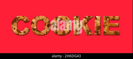 Creative design with chocolate chip biscuit text centered over a red background. 3D illustration with copy space Stock Photo