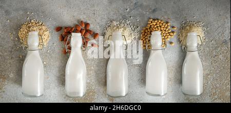 Bottles with different vegan milk and the ingredients like soy, nuts and cereals lying on a rough stone background, panoramic format, top view from ab Stock Photo