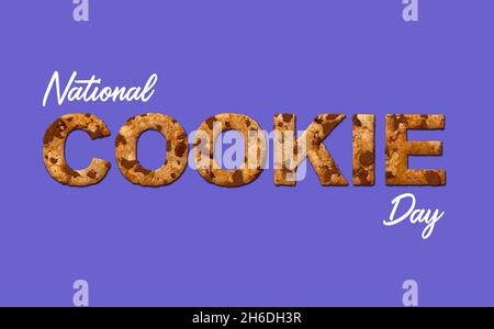 Creative National Cookie Day poster design with chocolate chip biscuit text centered over a purple background with copyspace, 3D illustration with cop Stock Photo