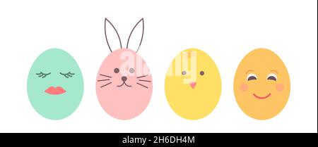 Easter eggs with painted faces. Cute Easter chick and bunny. Vector illustration Stock Vector