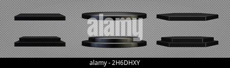 Empty black plinth for product presentation. Podiums set on transparent background. Realistic 3D vector platforms with free space. Minimalistic mockup Stock Vector