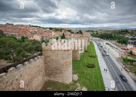 AVILA, SPAIN – JUNE 20, 2021: Walls of Avila, Spain. This site is a National Monument, and the old city was declared a World Heritage site by UNESCO Stock Photo