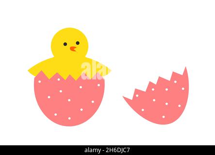 Cute yellow hatching chick from egg. Easter egg vector illustration Stock Vector