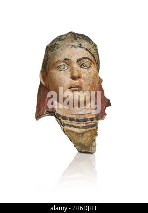 Roman Egyptian plaster funerary Mask, 100 - 150 AD, Cheikh Ibada, Antinopolis. Louvre Museum AF6704. Mummy portrait of a girl. The polychrome is parti Stock Photo