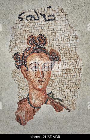 Roman Syrian funerary mosaic, 200 - 400 AD, North Syria. Louvre Museum AO 28294 .  Funerary mosaic of a women with Aramean inscription. The young woma Stock Photo
