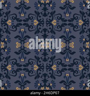 Oriental floral pattern with swirls. Blue vector seamless pattern with elegant texture. For textiles, wallpaper, tiles or packaging. Stock Vector