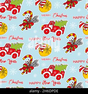 Cute Christmas seamless background with traditional attributes. Pickup and Christmas tree, caramel cane, Christmas tree toy and snowflakes. New Year Stock Vector