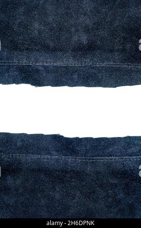 Two pieces of blue leather with a space for text isolated on white background. Stock Photo