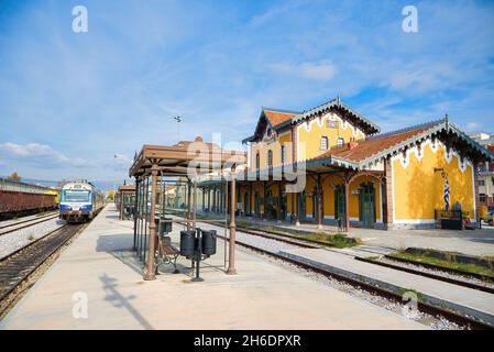 Greece, Volos Railway Station, Vintage Architecture. emblematic building of the city of Volos Stock Photo