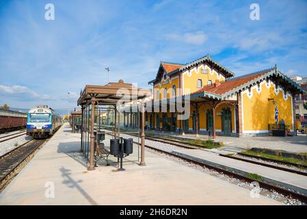 Greece, Volos Railway Station, Vintage Architecture. emblematic building of the city of Volos Stock Photo