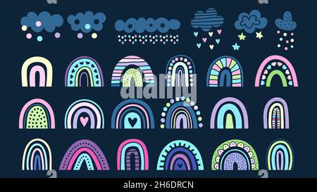 Rainbow collection. Clouds, colorful rainbows in scandinavian style. Childish baby vector elements Stock Vector