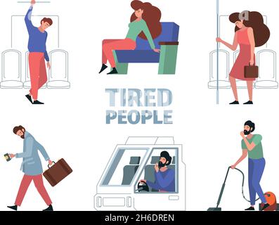 Tired people. Stressed managers mentally problems of male and female sleeping characters garish vector tired persons Stock Vector