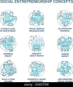 Social entrepreneurship blue concept icons set Stock Vector